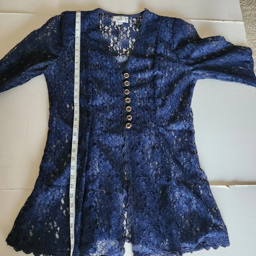 Beautiful U Women L Navy Blue Crochet Lace Scalloped Hem Button Front Cardigan